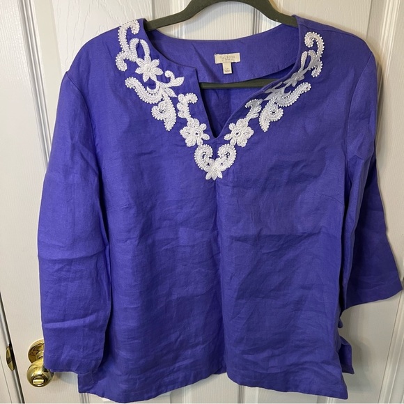 Talbots Tops - Talbots Blue and White Embroidered Tunic with 3/4 Sleeves